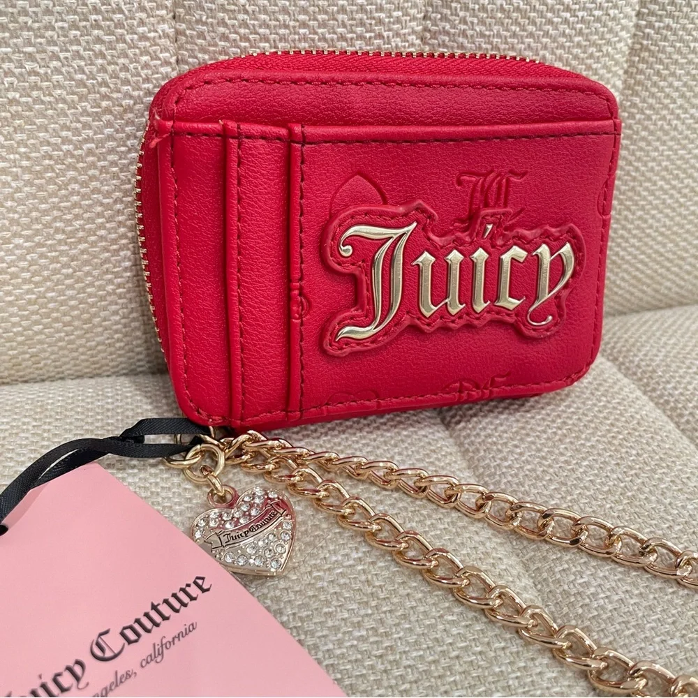 NEW Juicy Couture Red Card Case Wallet Heart ID Window‎ Gold Rhinestone Charm